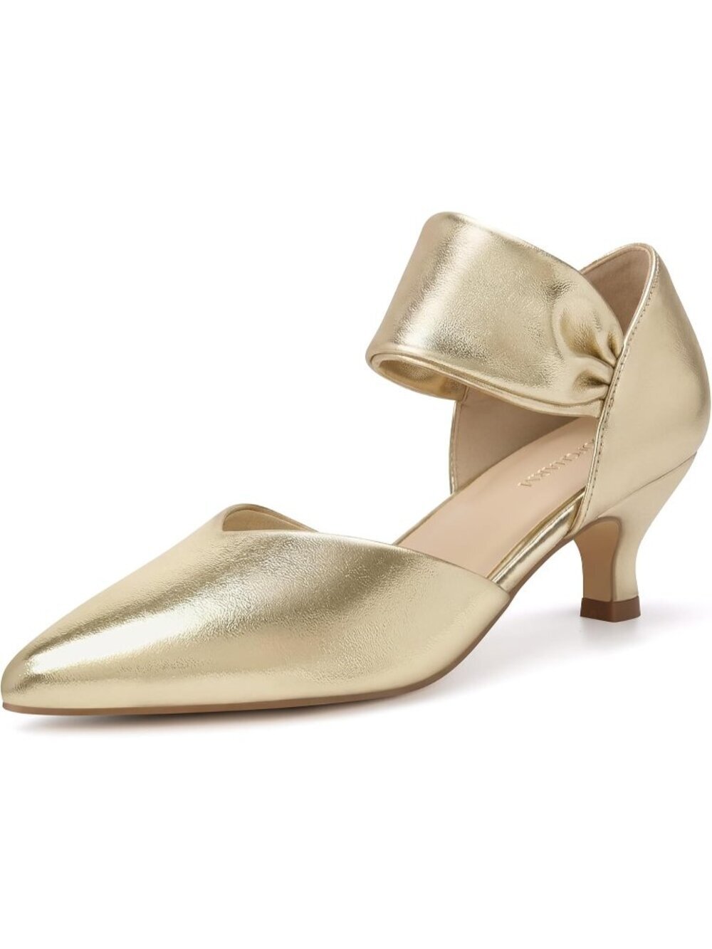 〽️Women's Gold Pu Kitten Heels Closed Toe Ankle Strap Low Pumps Slip On Shoes